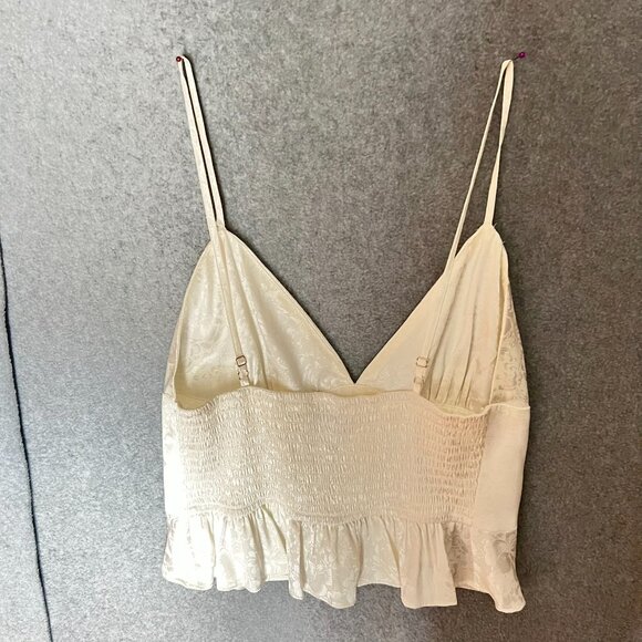 Ivory Satin Sz Medium Cami w FLAW Coquette Y2K Cropped  Peplum Strap Smocked - Picture 6 of 8